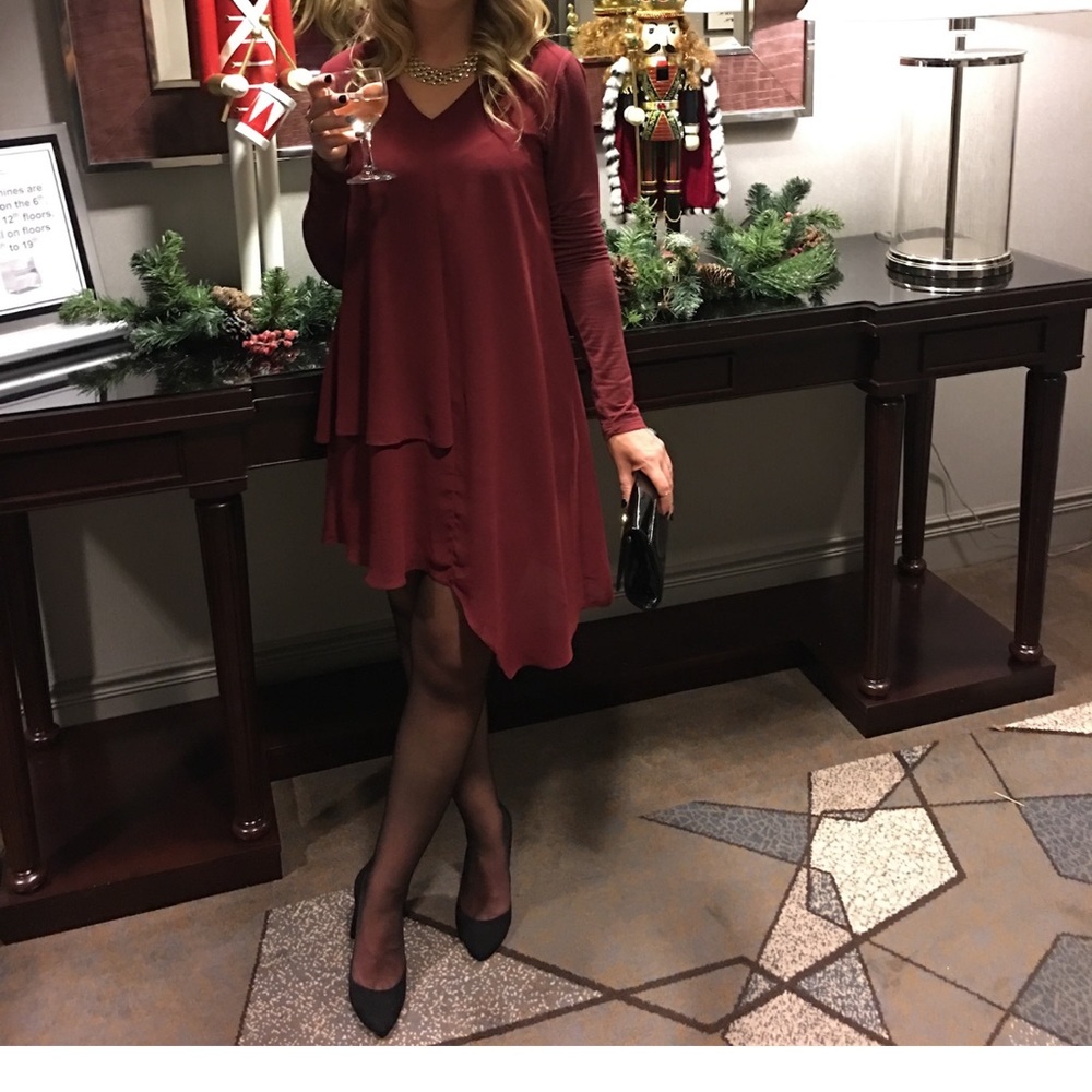 Sheer, asymmetrical, flowy dress in burgundy/wine red